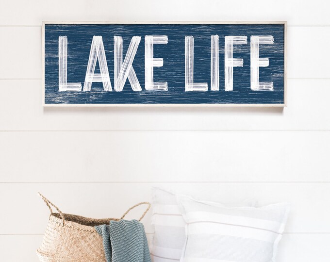 Nautical Navy Blue LAKE LIFE Sign, Faux Weathered Wood, Lake House Wall Art, Vintage Farmhouse Lake Sign, Long Horizontal Wall Art, {pwo}