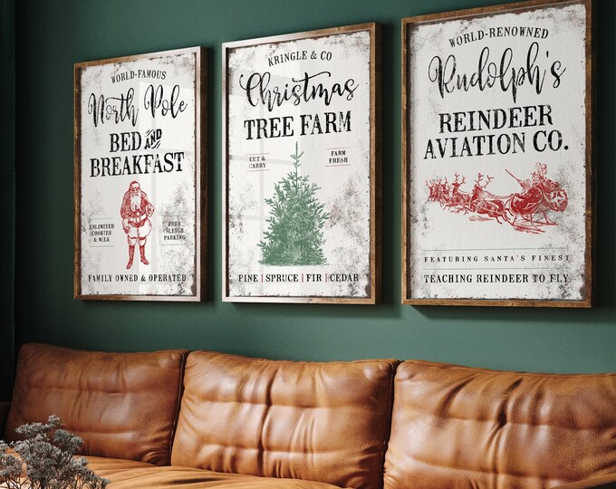 Vintage Christmas Triptych Wall Art in White, Christmas Tree Farm, North Pole Bed and Breakfast, Sleigh and Reindeer, Christmas Mantle Decor