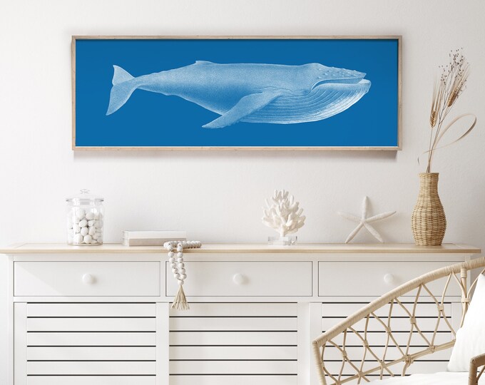 vintage blue whale poster, long skinny whale art, framed whale signs, nautical canvas prints, ocean wall decor, modern farmhouse signs