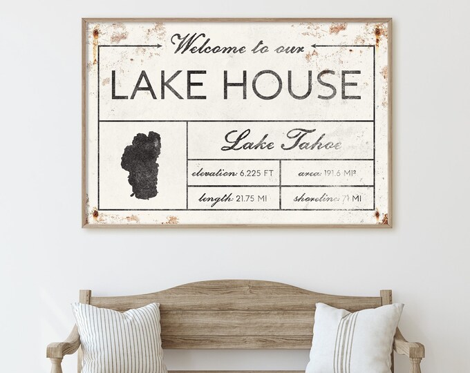Welcome to our LAKE HOUSE sign, vintage Lake Tahoe canvas for above couch, extra large framed modern farmhouse decor, white rusted screws