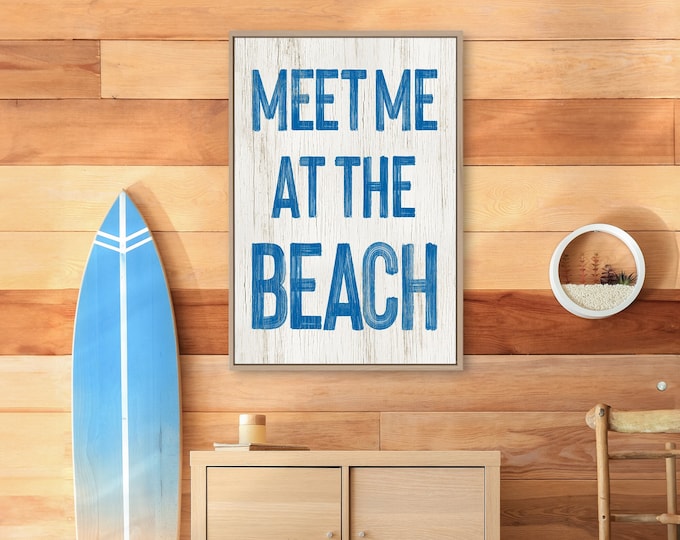 Retro Beach House Canvas Print, Meet Me at the Beach Sign in Ocean Blue on White, Fun Beach Bedroom Decor, Vacation Rental Wall Art