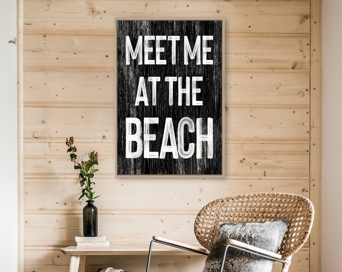 meet me at the beach sign, black and white beach decor, retro beach canvas prints, vacation rental wall art, vintage beach signs pwo
