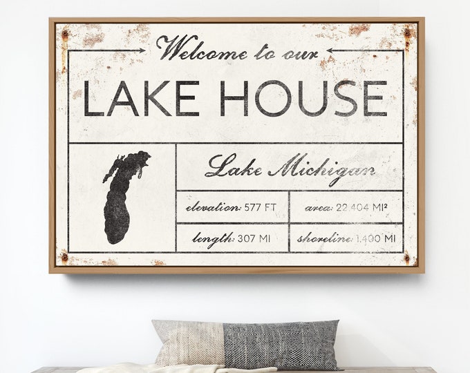 Welcome to our LAKE HOUSE sign, vintage Lake Michigan canvas for above couch, extra large framed modern farmhouse decor, White Rusted Screws
