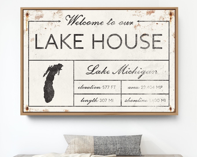 Welcome to our LAKE HOUSE sign, vintage Lake Michigan canvas for above couch, extra large framed modern farmhouse decor, White Rusted Screws