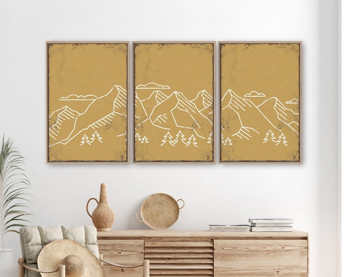 Triptych Wall Art, Mountain Landscape, Abstract Wall Art, 3 Piece Set, Modern Farmhouse Home Decor, Mountain Range, White on Butternut • 025