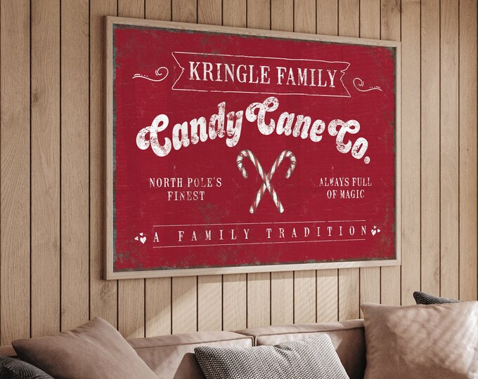 Dark Red Kringle Family Candy Cane Sign, Christmas Farmhouse Decor Vintage, Christmas Holiday Wall Decor, Seasonal Wall Art, Gift for Mom