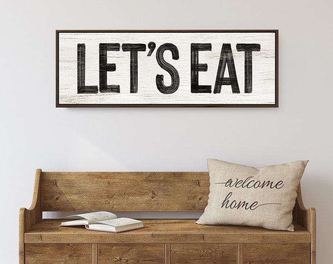 LET'S EAT Sign in White and Black, faux weathered wood, seasonal wall art, holiday wall print, vintage farmhouse, long horizontal wall art