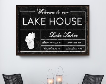 Welcome to our LAKE HOUSE sign, vintage Lake Tahoe canvas for above couch, extra large framed modern farmhouse decor wall art, lake decor