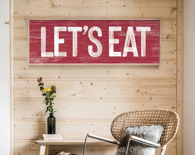 LET'S EAT Sign in Dark Red, faux weathered wood, seasonal wall art, holiday wall print, long horizontal wall art, christmas decor