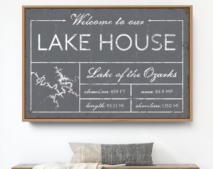 Welcome to our LAKE HOUSE sign, vintage Lake of the Ozarks canvas for above couch, extra large framed modern farmhouse decor wall art print