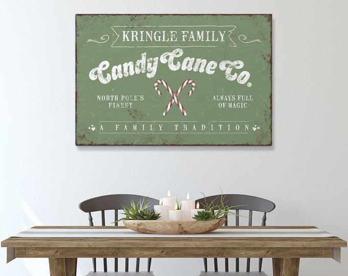 Kringle Family CANDY CANE Co Sign, Seagrass Green, Christmas Decor, Vintage Farmhouse Decor, Christmas Holiday Wall Decor, Seasonal Wall Art