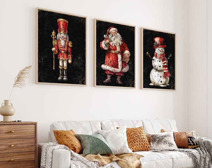 Vintage Christmas Triptych Wall Art, Santa Claus, Snowman, Nutcracker 3 Piece Set with Black Accent, Farmhouse Christmas , Xmas Mantle Decor