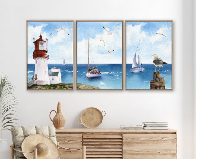 Triptych Wall Art, Ocean Seascape 3 Piece Framed Set, Retro Lighthouse Canvas Print Set, Boats on the Ocean, Vintage Beach Home Decor