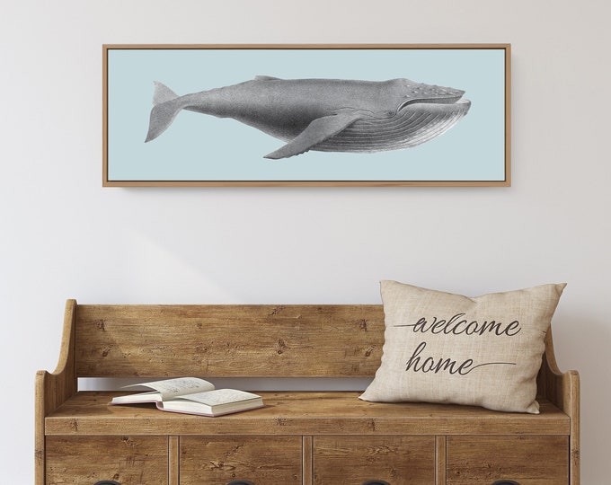 long skinny framed blue whale poster, vintage whale signs, whale canvas prints, beach wall decor, vacation rental wall art and decor