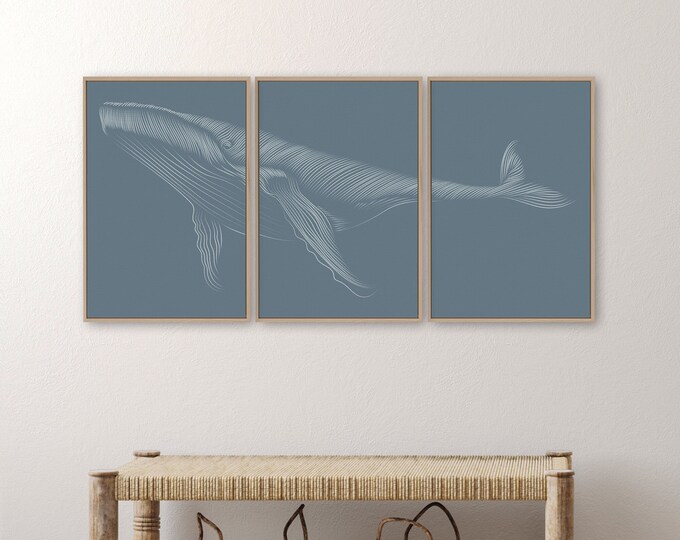 Dotted Whale Triptych Wall Art, Whale 3 Piece Set, Minimalist Dot Decor, Large Ocean Wall Decor, Set of 3 Canvas Prints, Smoke on Harbor