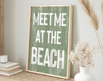 Vintage Seagrass Meet Me at the Beach Sign - Retro Canvas Print for Modern Farmhouse Decor - Beach Themed Home Decoration - Fun Beach Signs