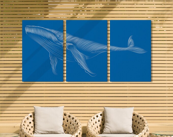 Whale Triptych Wall Art, Large Dotted Whale Art Set of 3 Canvas Prints, Minimalist Dot Decor, Whale 3 Piece Set, White on Ocean Blue