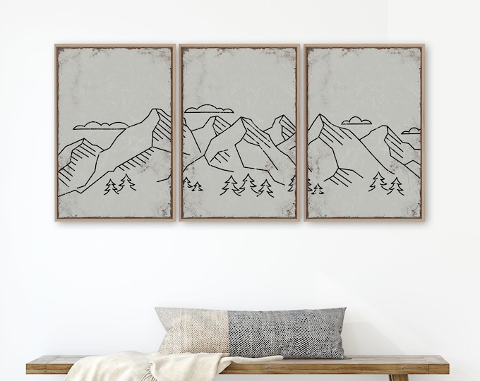 Triptych Wall Art, Mountain Landscape, Abstract Wall Art, 3 Piece Set, Home Decor, Modern Farmhouse, Mountain Range, Stone Gray • 028