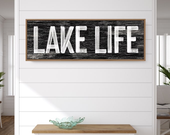 Vintage Lake Life Wall Print - Black and White Faux Weathered Wood - Lake House Wall Art and Farmhouse Decor - Long Skinny Wall Art {pwo}