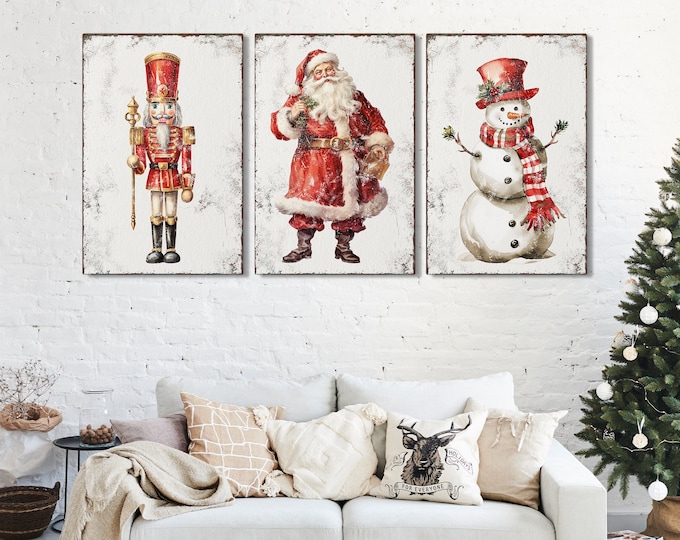 Vintage Christmas Triptych Wall Art in White, Santa Claus Snowman Nutcracker 3 Piece Set, Christmas Mantle Decor, Christmas Farmhouse Decor