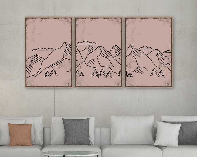 Triptych Wall Art, Mountain Landscape, Abstract Wall Art, 3 Piece Set, Home Decor, Modern Farmhouse Decor, Mountain Range, Shell Pink • 029