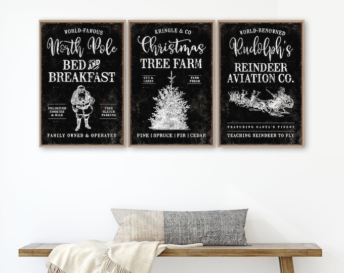 Vintage Christmas Triptych Wall Art in Black, Christmas Tree Farm, North Pole Bed and Breakfast, Sleigh and Reindeer, Christmas Mantle Decor