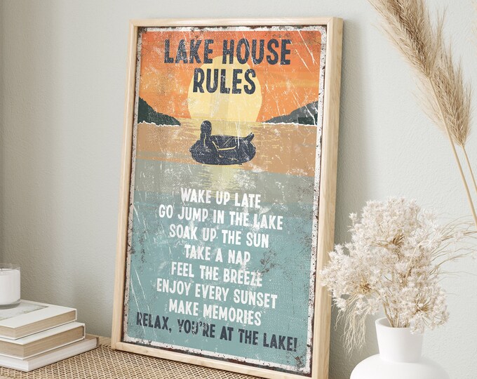 Sunset Lake Wall Art Print, Large LAKE HOUSE RULES Canvas Sign, Retro Tubing Poster for Lake House Decor