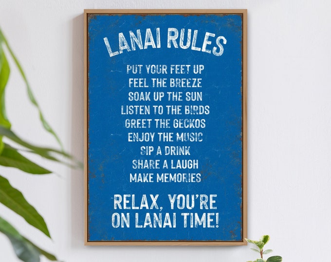 LANAI RULES sign in ocean blue, lanai and patio outdoor decor, retro pool canvas prints, on lanai time signs, print on aluminum lanai signs