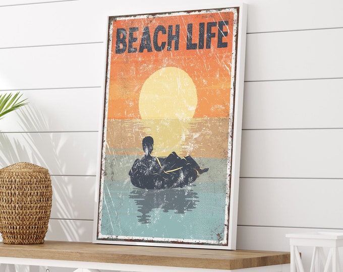 vintage BEACH LIFE sign, SUNSET, tubing poster for vintage beach house decor, male tuber, modern farmhouse, canvas wall art, aluminum sign