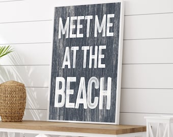 Retro Beach House Canvas Prints - Meet Me at the Beach Sign in Hale Navy - Airbnb  VRBO Decor - Fun  Vintage Beach Signs - Retro Beach Art