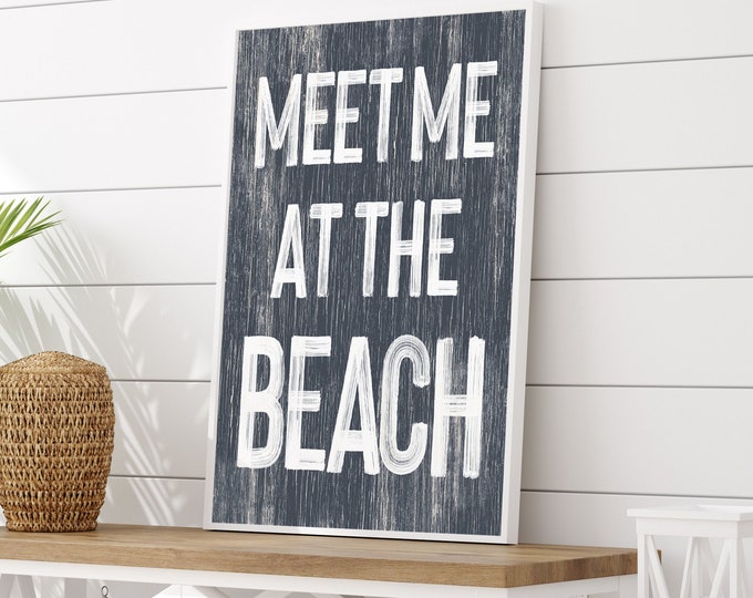 Retro Beach House Canvas Prints - Meet Me at the Beach Sign in Hale Navy - Airbnb  VRBO Decor - Fun  Vintage Beach Signs - Retro Beach Art