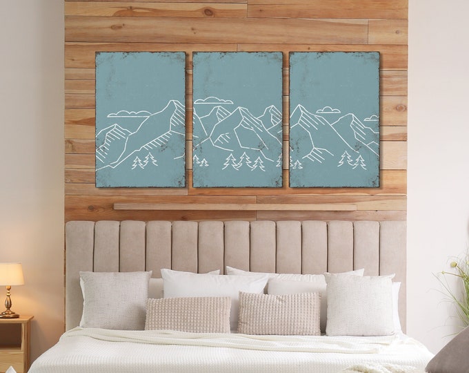 Triptych Wall Art, Mountain Landscape, Abstract Wall Art, 3 Piece Set, Home Decor, Modern Farmhouse Decor, Mountain Range, Tide Blue • 024