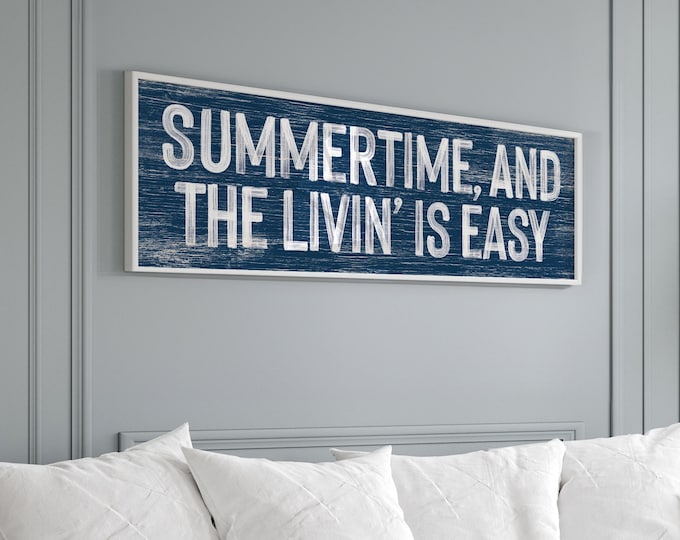 White and Navy Blue Outdoor Sign, Vintage Nautical Decor for Lake House Patio or Beach House Pool Deck, "Summertime and the Livin' is Easy"