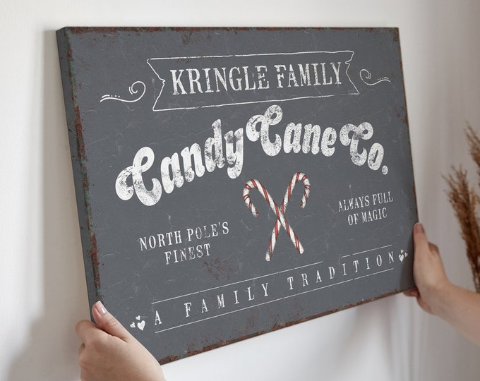 Kringle Family CANDY CANE Co Sign in Dark Gray, Christmas Decor, Modern Farmhouse Decor, Christmas Holiday Wall Decor, Seasonal Wall Art