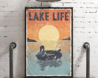 vintage "LAKE LIFE" sign SUNSET > tubing poster for vintage lake house decor, female tuber, modern farmhouse, canvas wall art, aluminum sign