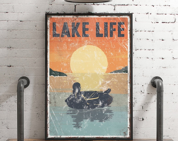 vintage "LAKE LIFE" sign SUNSET > tubing poster for vintage lake house decor, female tuber, modern farmhouse, canvas wall art, aluminum sign