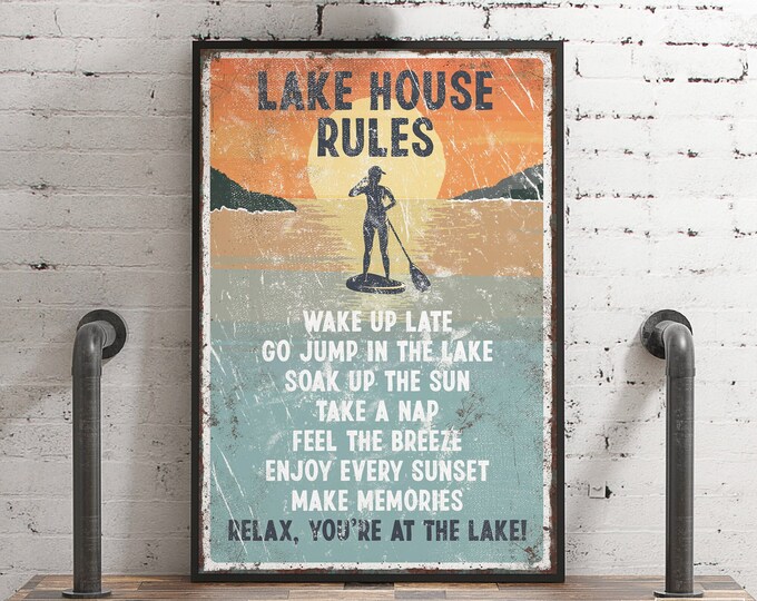 Woman Paddle boarding at Sunset, Retro Wall Art Print, Large LAKE HOUSE RULES Sign, Vintage Canvas Paddleboard Poster for Lake House Decor