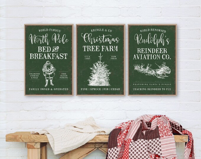 Dark Green Vintage Christmas Triptych Wall Art, Christmas Tree Farm, North Pole Bed & Breakfast, Sleigh and Reindeer, Christmas Wall Decor