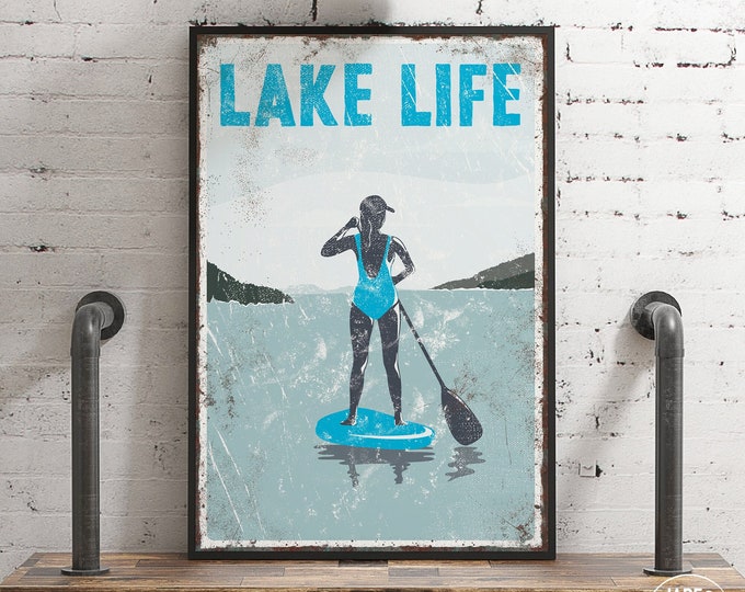 vintage LAKE LIFE paddleboard sign in teal, woman paddleboarding poster for vintage lake house decor, female paddleboard wall art