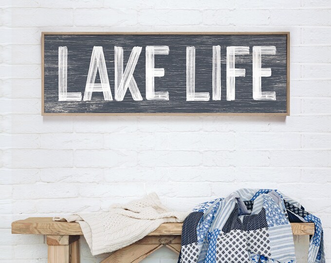 Hale Navy LAKE LIFE Sign, Faux Weathered Wood, Lake House Wall Art, Vintage Farmhouse Lake Sign, Long Horizontal Wall Art, {pwo}