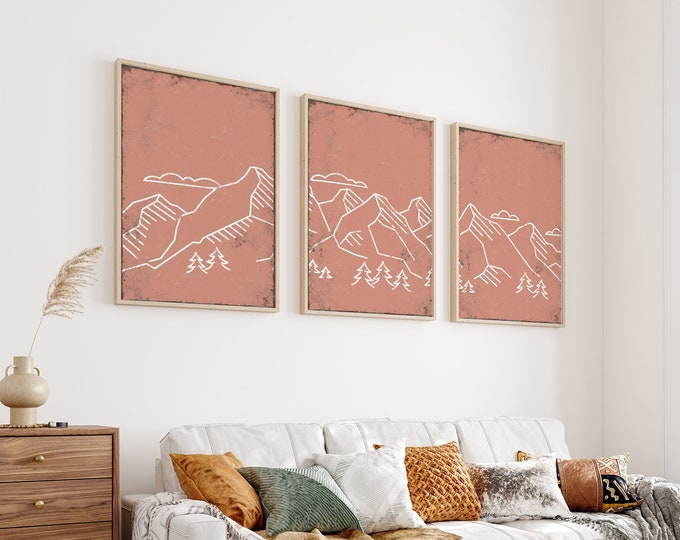 Triptych Wall Art, Mountain Landscape, Abstract Wall Art, 3 Piece Set, Home Decor, Modern Farmhouse Decor, Mountain Range, Coral Pink • 023