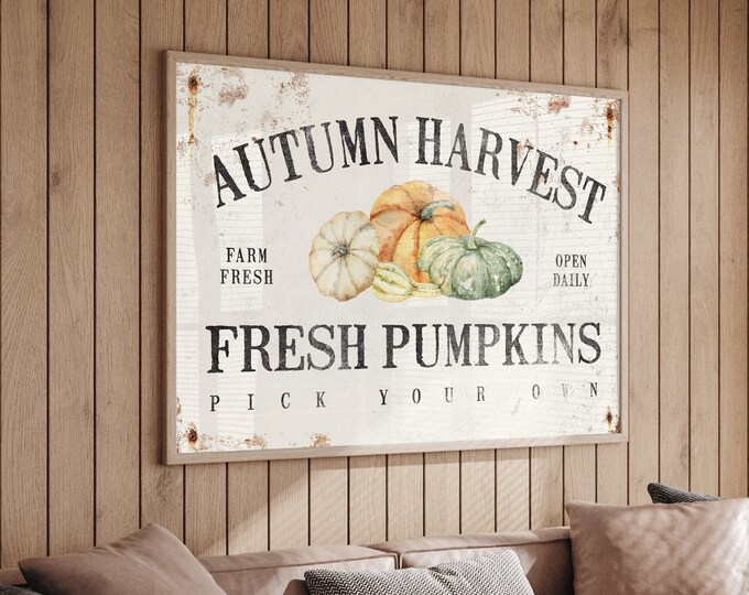 Autumn Harvest Farmers Market Sign in White, Vintage Farmhouse Decor, Modern Farmhouse Sign, Seasonal Wall Art, Framed Autumn Wall Decor