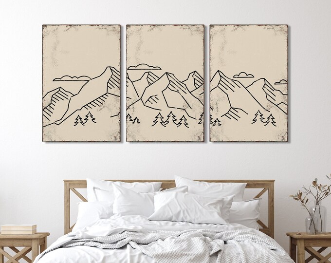 Triptych Wall Art, Mountain Landscape, Abstract Wall Art, 3 Piece Set, Home Decor, Modern Farmhouse, Mountain Range, Antique White • 027