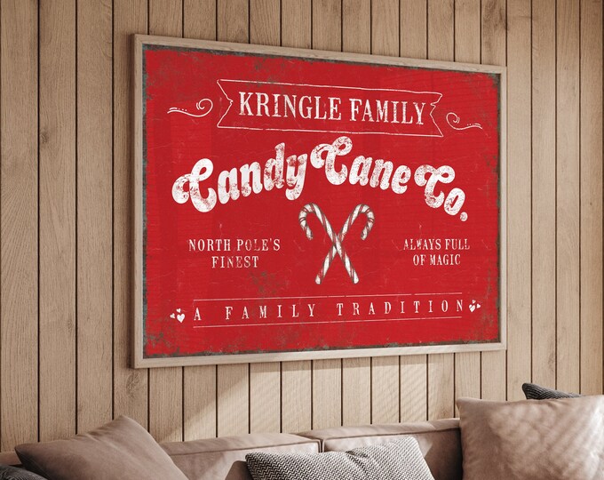 Kringle Family Candy Cane Company Sign in Bright Red, Vintage Christmas Home Decor, Christmas Wall Decor, Holiday Wall Art, Santa Wall Signs