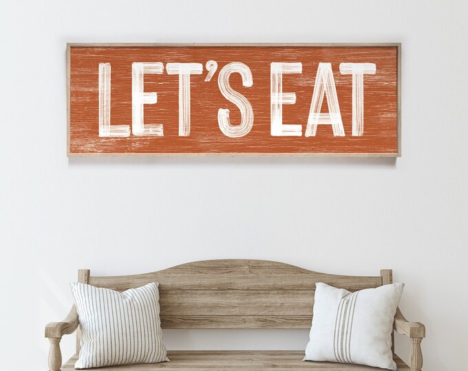LET'S EAT Thanksgiving Sign in Burnt Orange, faux weathered wood, holiday wall print, vintage farmhouse, long horizontal wall art