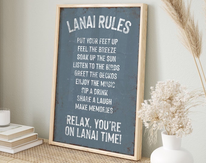 LANAI RULES sign in Harbor Blue, Rustic Lanai Canvas Prints, Rules of the Lanai Wall Art, Housewarming Gift for Floridian, Blue Lanai Decor