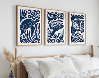 Triptych Wall Art, Three Piece Wall Art, Ocean Decor, Abstract Canvas Set, Nautical Sea Animal Prints, Beach House Gift for Dad