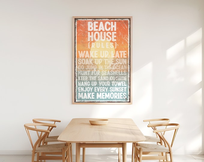 BEACH HOUSE RULES Sign with Sunset Colors, Vintage Beach Poster, Vacation Rental Beach Decor, Extra Large Beach Wall Art, Beach Gift for Her