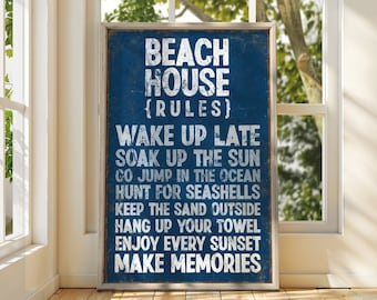 Navy BEACH HOUSE RULES Poster, Extra Large Beach Canvas Print, Vintage Beach Poster, Vacation Home Beach Decor, Fun Beach Gift for Her