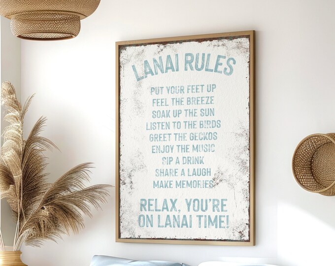 Rustic LANAI RULES Sign, Tide on White Lanai Decor, Retro Style Pool Canvas Prints, Great for Gifting Lanai Art, Relax, you're on Lanai Time